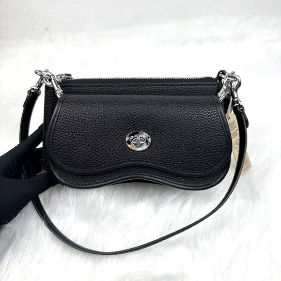 Coach Wavy Double Pouch Bag shoulder In Coachtopia Leather Black Rainbow CT381 - Picture 1 of 13